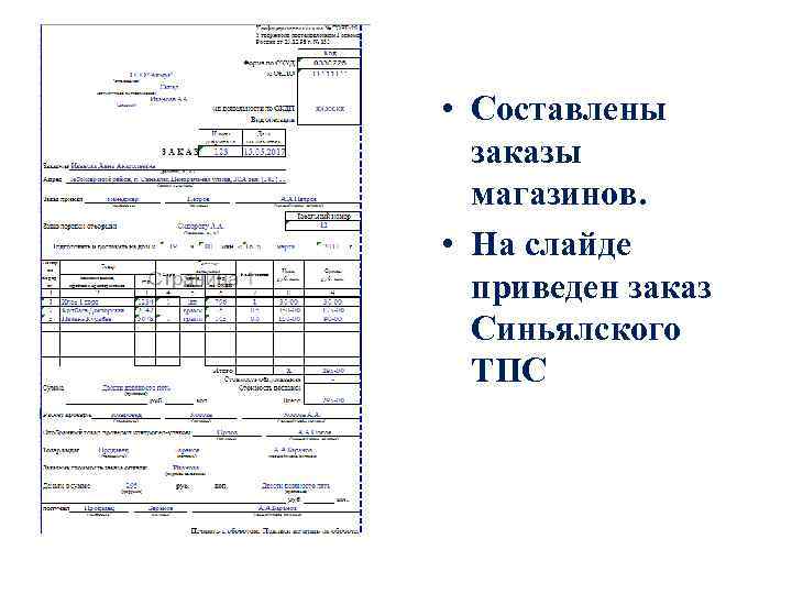  • Составлены заказы магазинов. • На слайде приведен заказ Синьялского ТПС 