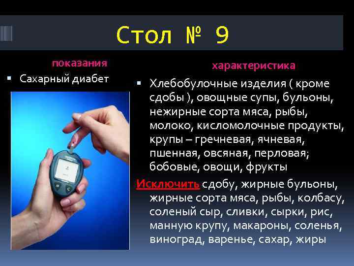 Стол № 9 показания Сахарный диабет характеристика Хлебобулочные изделия ( кроме сдобы ), овощные