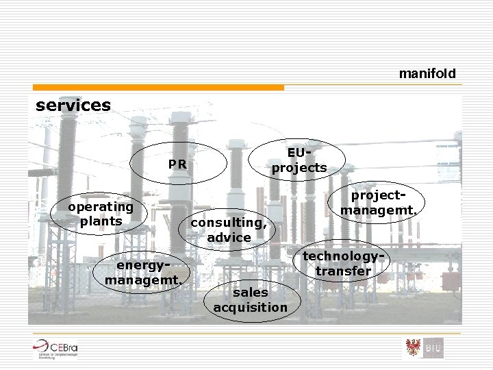 manifold services EUprojects PR operating plants energymanagemt. consulting, advice projectmanagemt. technologytransfer sales acquisition 