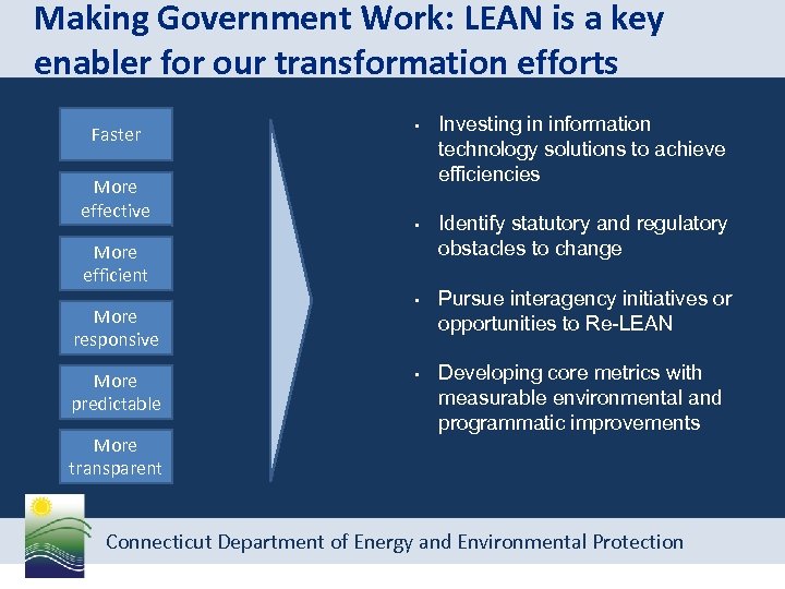 Making Government Work: LEAN is a key enabler for our transformation efforts Faster More