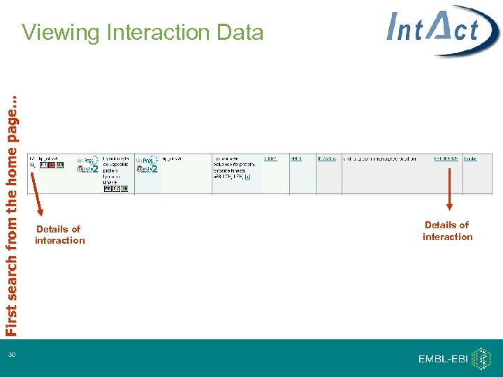 First search from the home page… Viewing Interaction Data 30 Details of interaction 