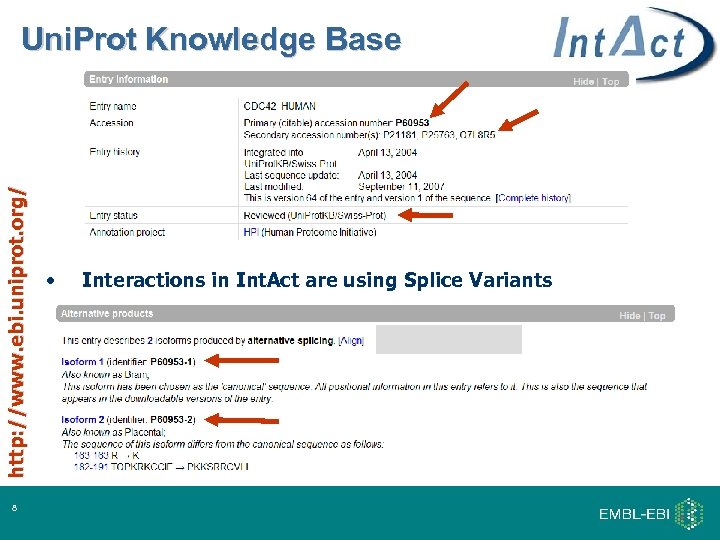 http: //www. ebi. uniprot. org/ Uni. Prot Knowledge Base 8 • Interactions in Int.