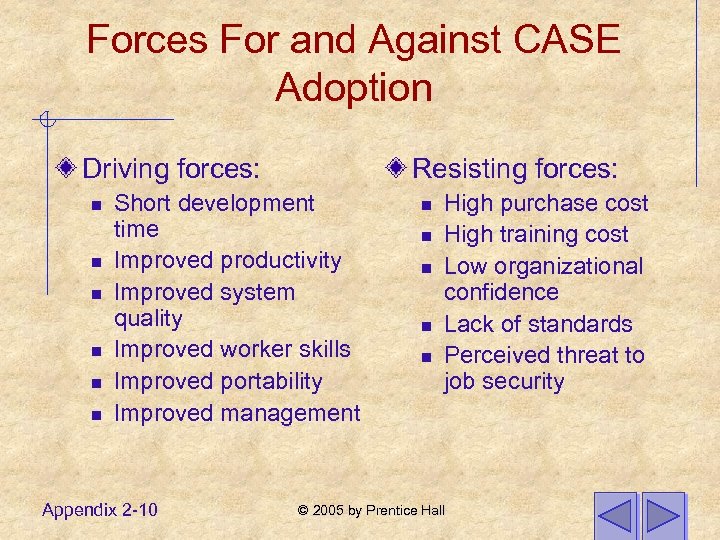 Forces For and Against CASE Adoption Driving forces: n n n Resisting forces: Short