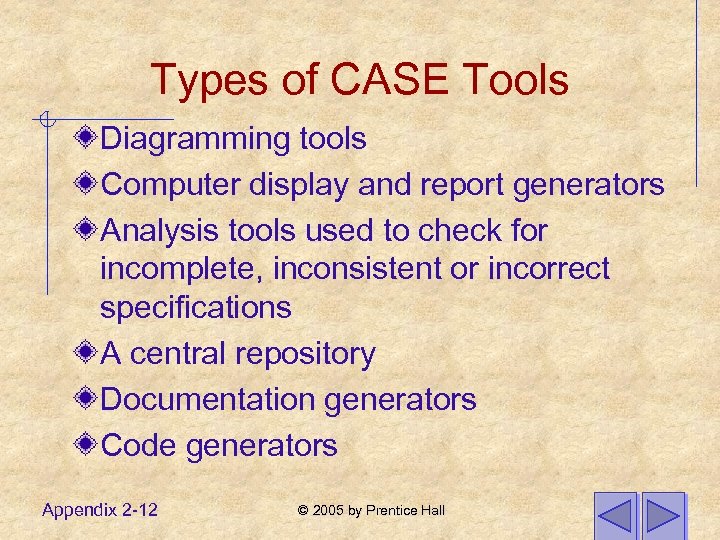 Types of CASE Tools Diagramming tools Computer display and report generators Analysis tools used