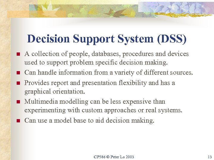 Decision Support System (DSS) n n n A collection of people, databases, procedures and