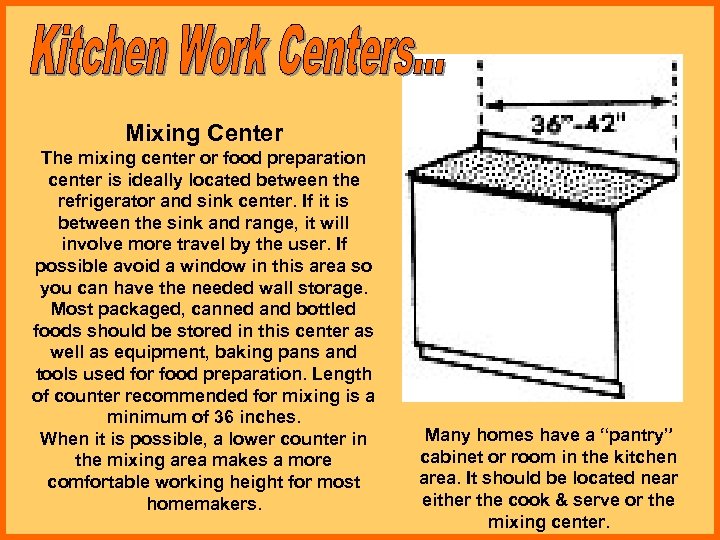 Mixing Center The mixing center or food preparation center is ideally located between the