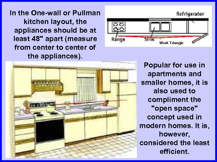 In the One-wall or Pullman kitchen layout, the appliances should be at least 48"