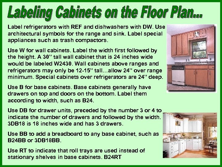 Label refrigerators with REF and dishwashers with DW. Use architectural symbols for the range