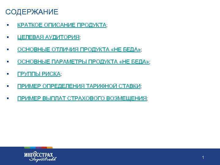 СОДЕРЖАНИЕ § КРАТКОЕ ОПИСАНИЕ ПРОДУКТА; § ЦЕЛЕВАЯ АУДИТОРИЯ; § ОСНОВНЫЕ ОТЛИЧИЯ ПРОДУКТА «НЕ БЕДА»