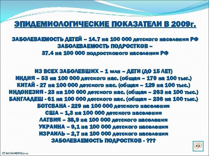 ЭПИДЕМИОЛОГИЧЕСКИЕ ПОКАЗАТЕЛИ В 2009 г. ЗАБОЛЕВАЕМОСТЬ ДЕТЕЙ – 14. 7 на 100 000 детского