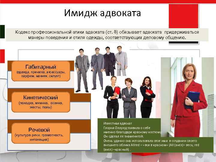 Имидж адвоката Кодекс профессиональной этики адвоката (ст. 8) обязывает адвоката придерживаться манеры поведения и