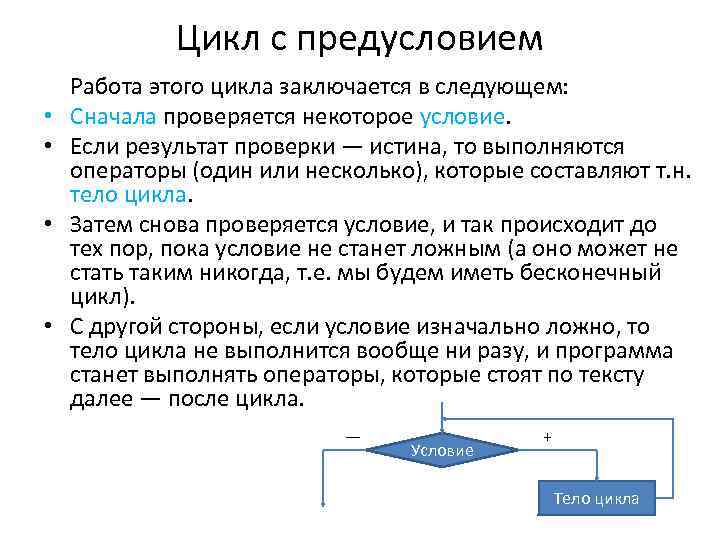 Цикл с предусловием • • Работа этого цикла заключается в следующем: Сначала проверяется некоторое