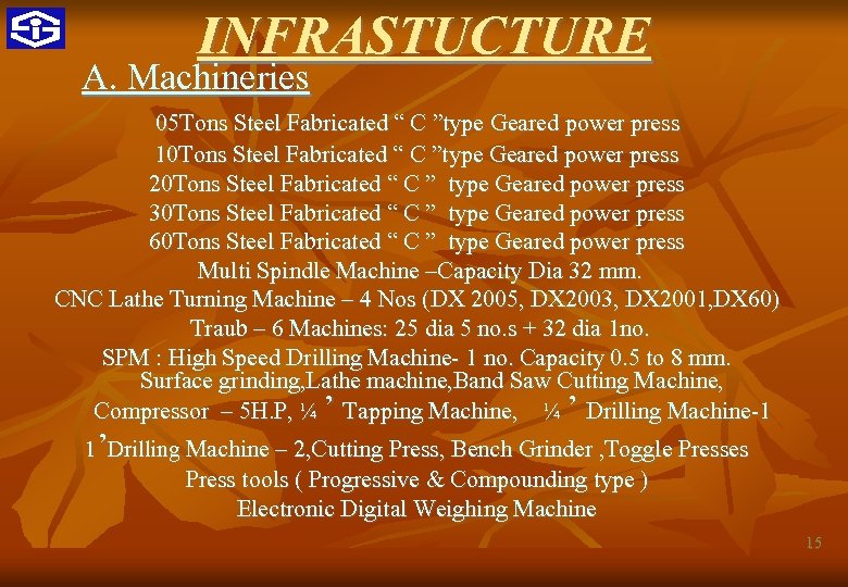 INFRASTUCTURE A. Machineries 05 Tons Steel Fabricated “ C ”type Geared power press 10