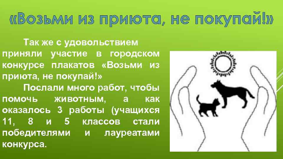 Так же с удовольствием приняли участие в городском конкурсе плакатов «Возьми из приюта, не