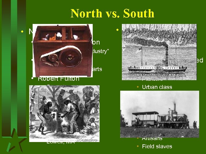 North vs. South • North • Industrial Revolution • End of “cottage industry” •