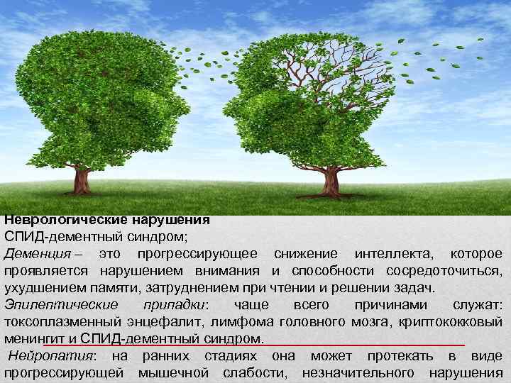 Неврологические нарушения СПИД-дементный синдром; Деменция – это прогрессирующее снижение интеллекта, которое проявляется нарушением внимания