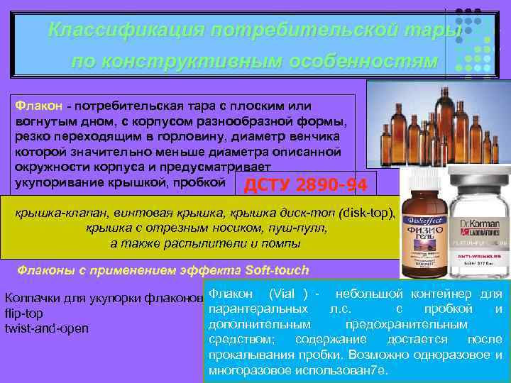 Классификация потребительской тары по конструктивным особенностям Флакон - потребительская тара с плоским или вогнутым