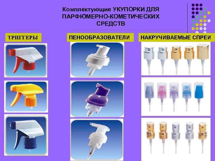 Комплектующие УКУПОРКИ ДЛЯ ПАРФЮМЕРНО-КОМЕТИЧЕСКИХ СРЕДСТВ ТРИГГЕРЫ ПЕНООБРАЗОВАТЕЛИ НАКРУЧИВАЕМЫЕ СПРЕИ 