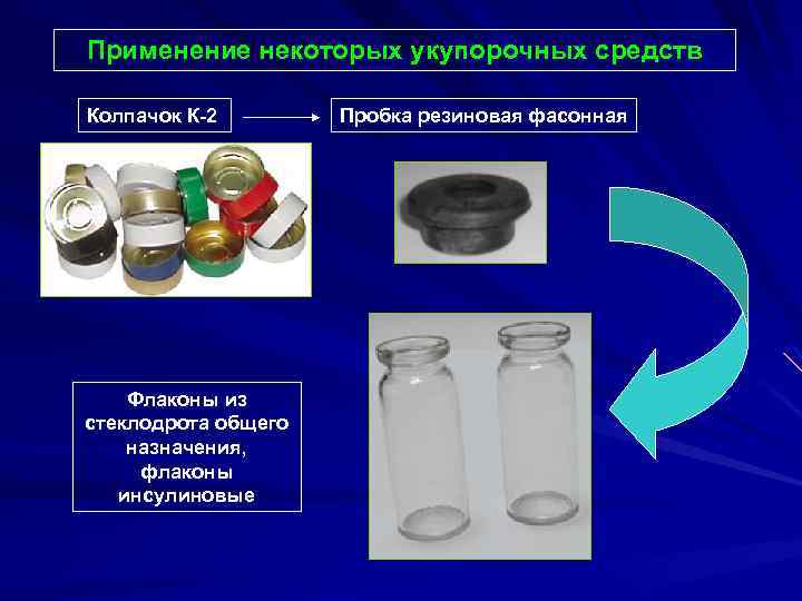 Применение некоторых укупорочных средств Колпачок К-2 Флаконы из стеклодрота общего назначения, флаконы инсулиновые Пробка