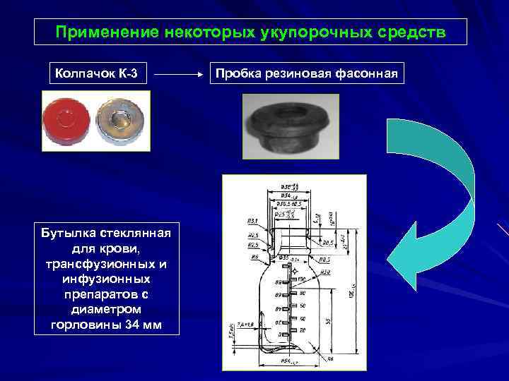 Применение некоторых укупорочных средств Колпачок К-3 Бутылка стеклянная для крови, трансфузионных и инфузионных препаратов