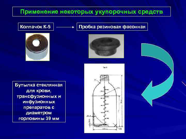 Применение некоторых укупорочных средств Колпачок К-5 Бутылка стеклянная для крови, трансфузионных и инфузионных препаратов