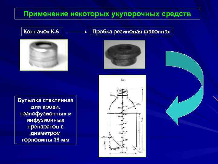 Применение некоторых укупорочных средств Колпачок К-6 Бутылка стеклянная для крови, трансфузионных и инфузионных препаратов