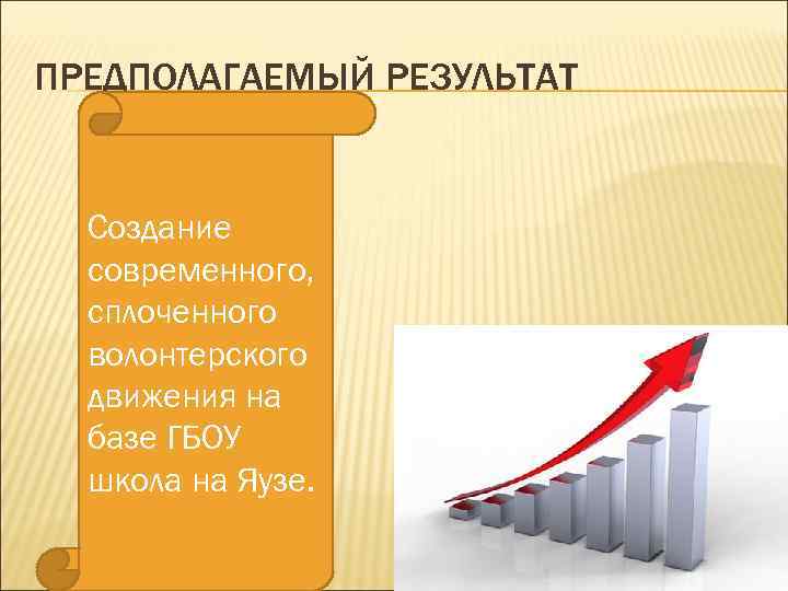 ПРЕДПОЛАГАЕМЫЙ РЕЗУЛЬТАТ Создание современного, сплоченного волонтерского движения на базе ГБОУ школа на Яузе. 