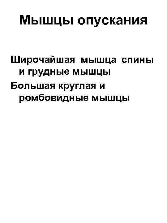 Мышцы опускания Широчайшая мышца спины и грудные мышцы Большая круглая и ромбовидные мышцы 