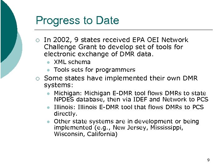 Progress to Date ¡ In 2002, 9 states received EPA OEI Network Challenge Grant