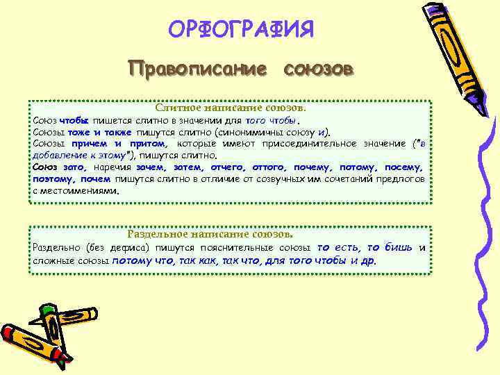 ОРФОГРАФИЯ Правописание союзов Слитное написание союзов. Союз чтобы пишется слитно в значении для того