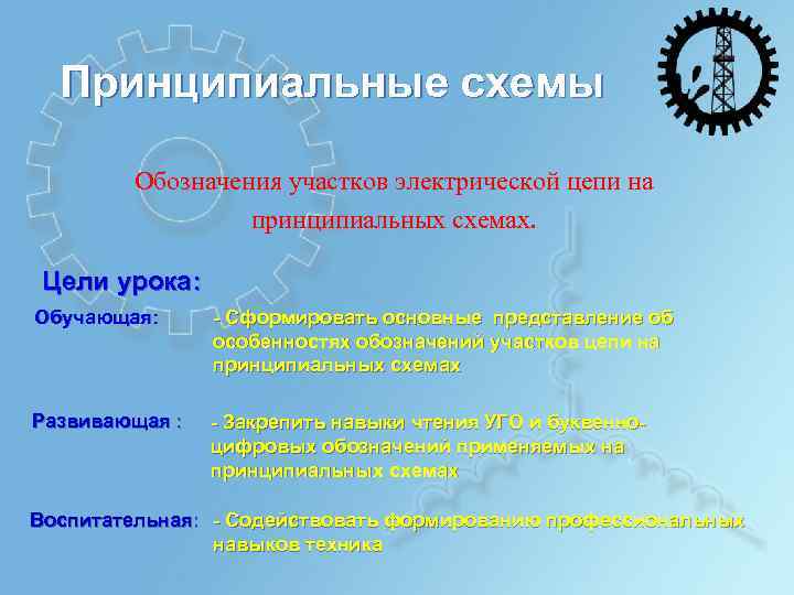 Принципиальные схемы Обозначения участков электрической цепи на принципиальных схемах. Цели урока: Обучающая: - Сформировать