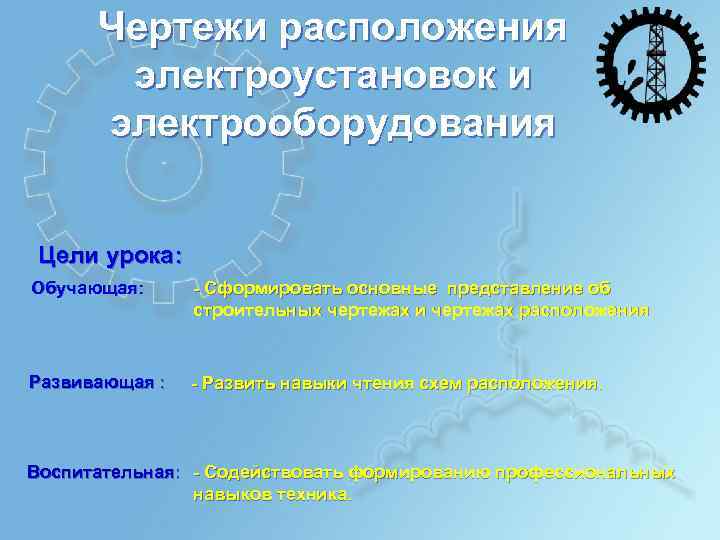 Чертежи расположения электроустановок и электрооборудования Цели урока: Обучающая: - Сформировать основные представление об строительных