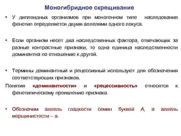 Моногибридное скрещивание • У диплоидных организмов при моногенном типе наследования фенотип определяется двумя аллелями