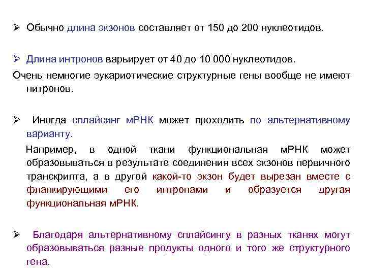 Ø Обычно длина экзонов составляет от 150 до 200 нуклеотидов. Ø Длина интронов варьирует