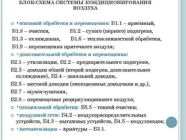 БЛОК-СХЕМА СИСТЕМЫ КОНДИЦИОНИРОВАНИЯ ВОЗДУХА • основной обработки и перемещения: Б 1. 1 – приемный,