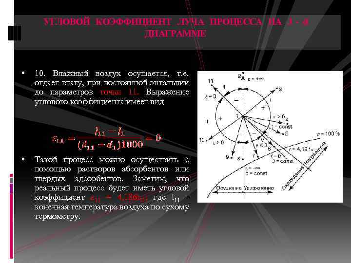 УГЛОВОЙ КОЭФФИЦИЕНТ ЛУЧА ПРОЦЕССА НА J - d ДИАГРАММЕ • 10. Влажный воздух осушается,