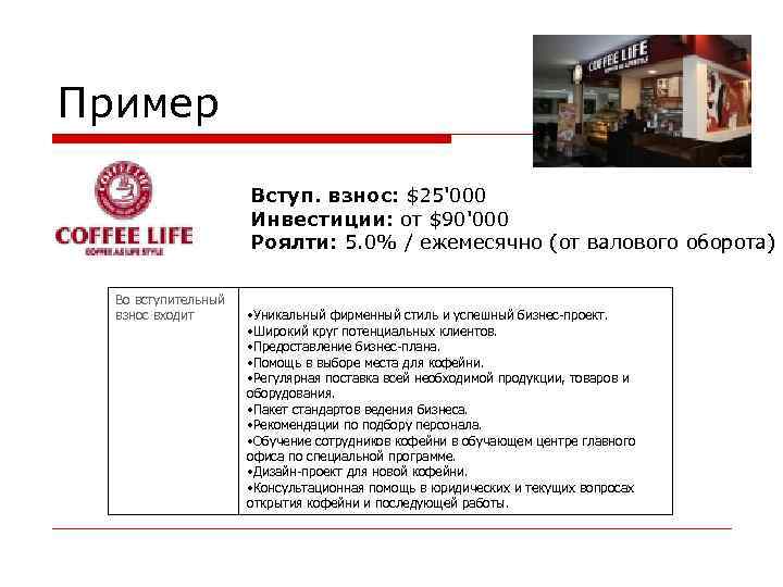 Пример Вступ. взнос: $25'000 Инвестиции: от $90'000 Роялти: 5. 0% / ежемесячно (от валового