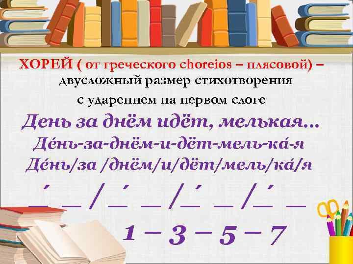 ХОРЕЙ ( от греческого choreios – плясовой) – двусложный размер стихотворения с ударением на