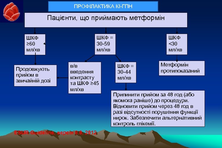 ПРОФІЛАКТИКА КІ-ГПН Пацієнти, що приймають метформін ШКФ ≥ 60 мл/хв Продовжують прийом в звичайній