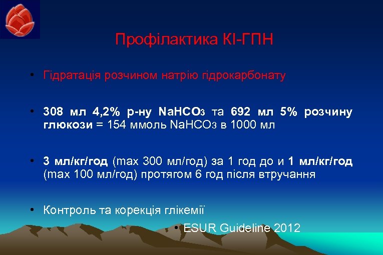 Профілактика КІ-ГПН • Гідратація розчином натрію гідрокарбонату • 308 мл 4, 2% р-ну Na.