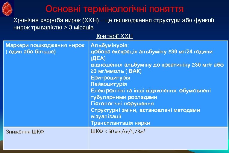 Основні термінологічні поняття Хронічна хвороба нирок (ХХН) – це пошкодження структури або функції нирок