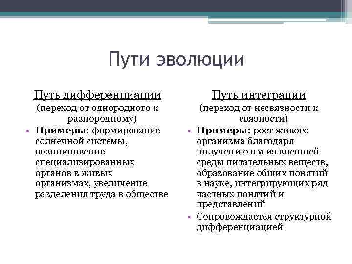 Интеграция эволюция. Дифференциация путь развития это. Интеграция и дифференциация. Примеры эволюционного пути развития. Дифференциация в эволюции.