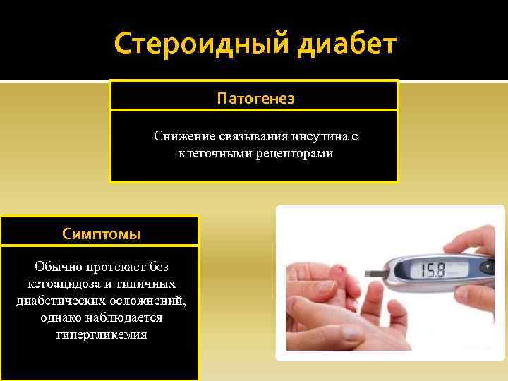 Стероидный диабет Патогенез Снижение связывания инсулина с клеточными рецепторами Симптомы Обычно протекает без кетоацидоза
