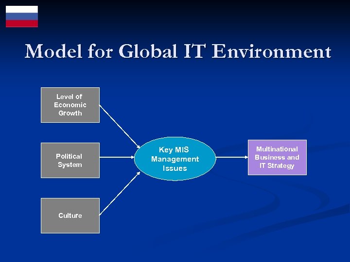 Model for Global IT Environment Level of Economic Growth Political System Culture Key MIS