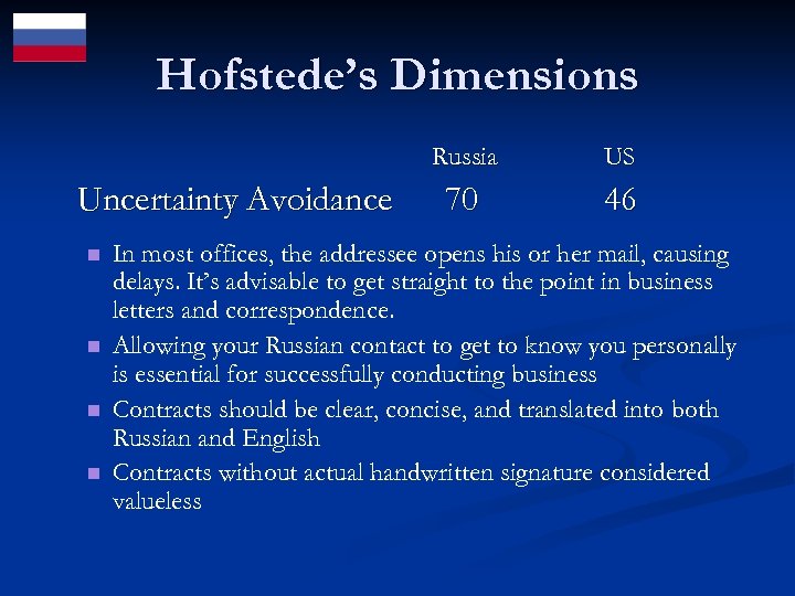 Hofstede’s Dimensions Russia Uncertainty Avoidance n n US 70 46 In most offices, the