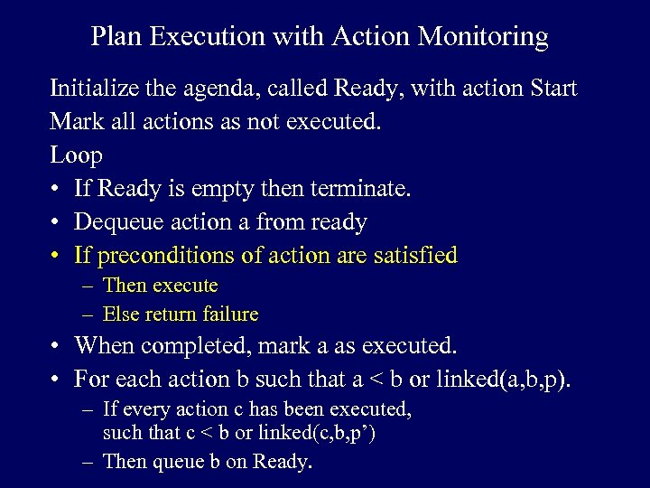 Plan Execution with Action Monitoring Initialize the agenda, called Ready, with action Start Mark