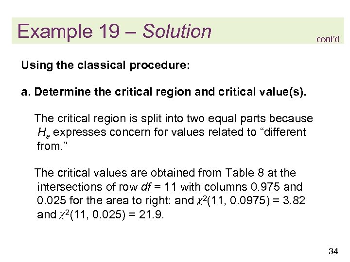 Example 19 – Solution cont’d Using the classical procedure: a. Determine the critical region