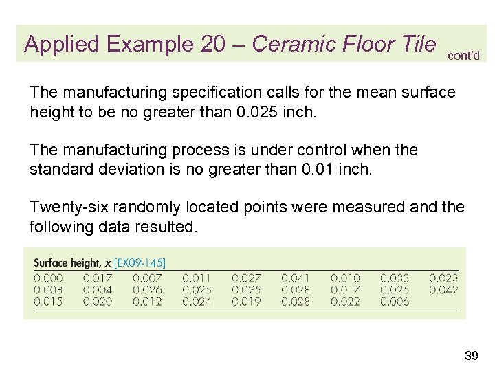 Applied Example 20 – Ceramic Floor Tile cont’d The manufacturing specification calls for the