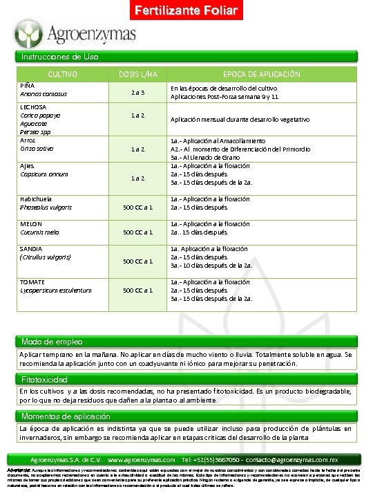 Fertilizante Foliar Instrucciones de Uso CULTIVO PIÑA Ananas comosus LECHOSA Carica papaya Aguacate Persea