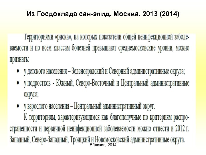Из Госдоклада сан-эпид. Москва. 2013 (2014) Яблоков, 2014 